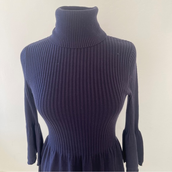 Eliza J Knit Ribbed Turtleneck Ruffle Bell Sleeve Sweater Dress Navy | Small - Picture 7 of 10